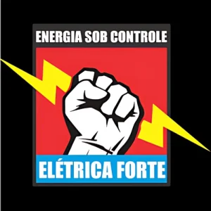 Logo Energia sob Controle, Elétrica Forte, fundo preto, mão segundo raio elétrico.