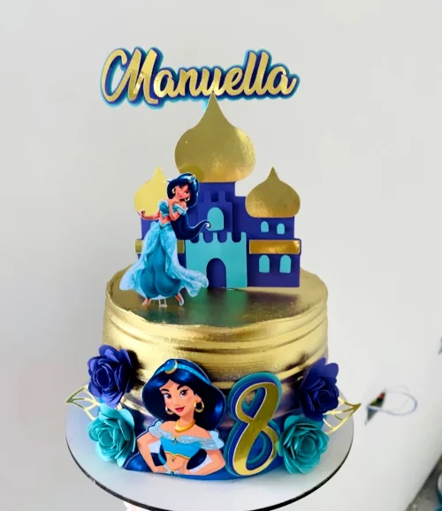 Bolo temático Aladdin da Princesa Jasmine, nas cores gold e azul